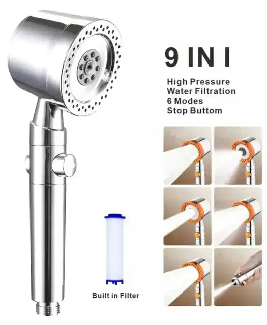 New 5 Mode Pressurized Shower Head With Filter Stop Button Water Saving Spray Nozzles Big Boost Showerhead Bathroom Accessories