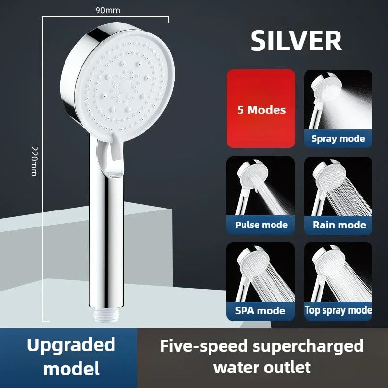 5 Mode Pressure Boost Shower Head Multifunction Adjustable Large Water Yield Shower Nozzle Massage Shower Bathroom Accessory