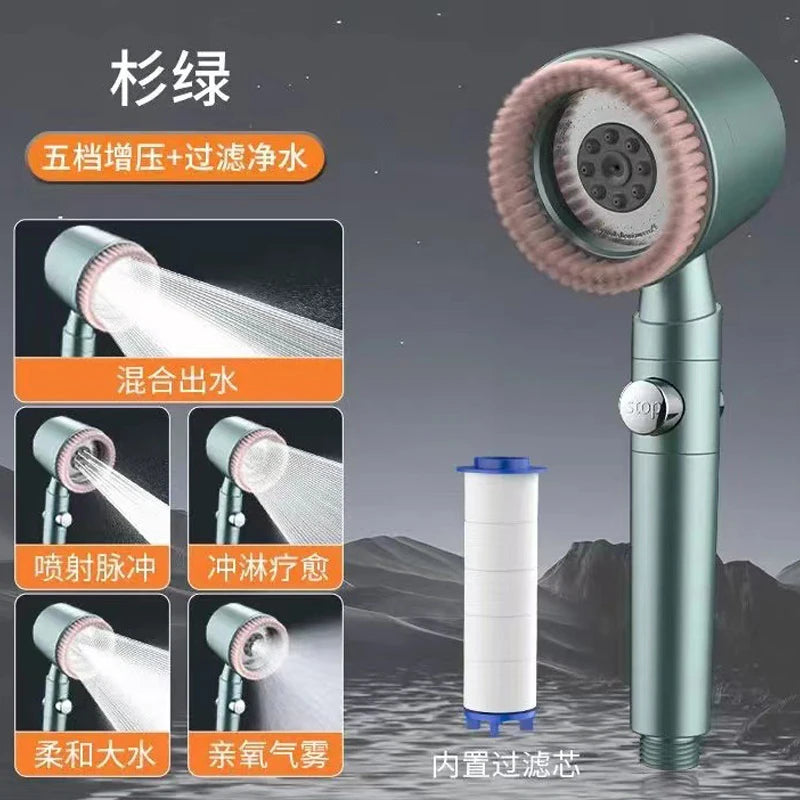 New 5 Mode Pressurized Shower Head With Filter Stop Button Water Saving Spray Nozzles Big Boost Showerhead Bathroom Accessories