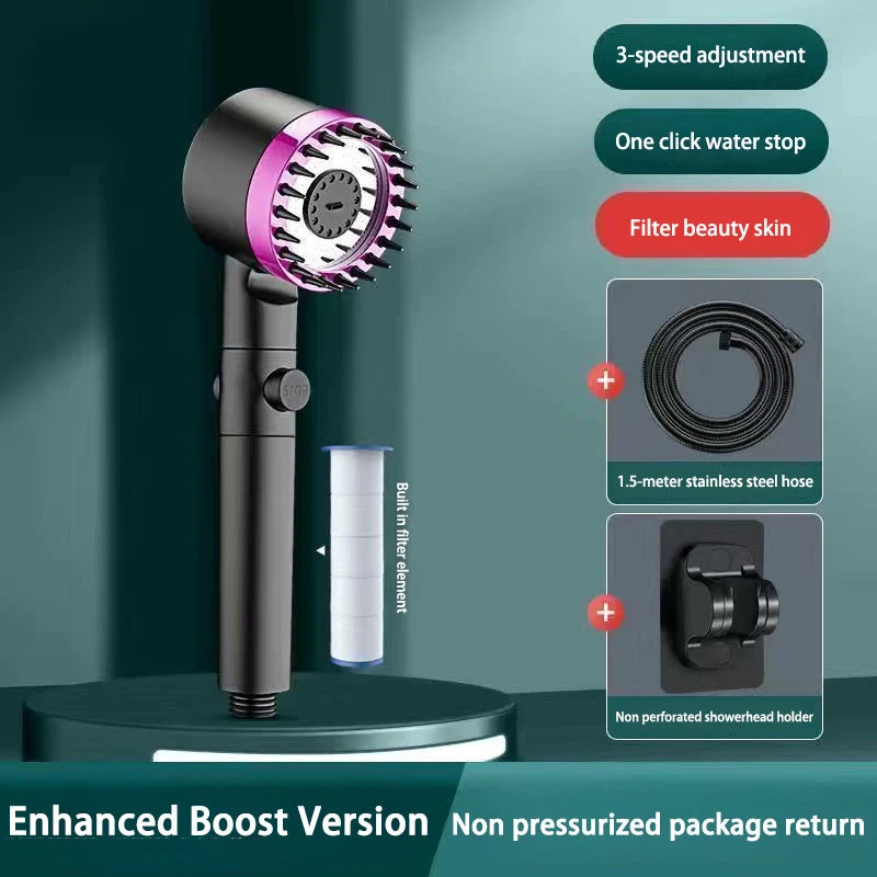High Pressurized Filter Shower Head 3-mode Adjustable Spray with Massage Brush Rain Shower Set Changeable Filter Element