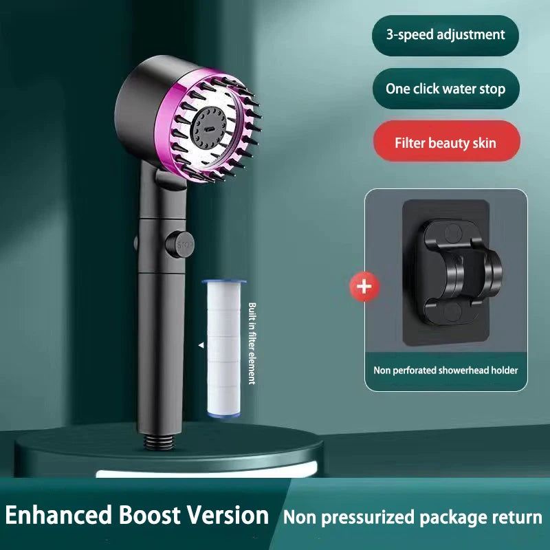 High Pressurized Filter Shower Head 3-mode Adjustable Spray with Massage Brush Rain Shower Set Changeable Filter Element