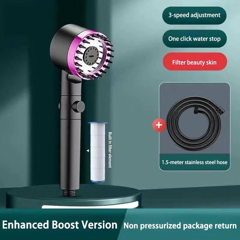 High Pressurized Filter Shower Head 3-mode Adjustable Spray with Massage Brush Rain Shower Set Changeable Filter Element