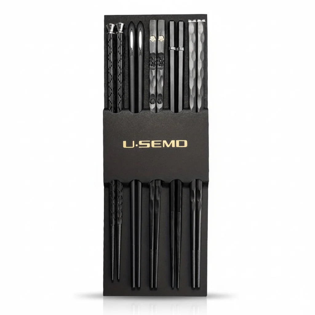 Home Kitchen Black Alloy Chopsticks 5-Piece Reusable Dining Tableware Set
