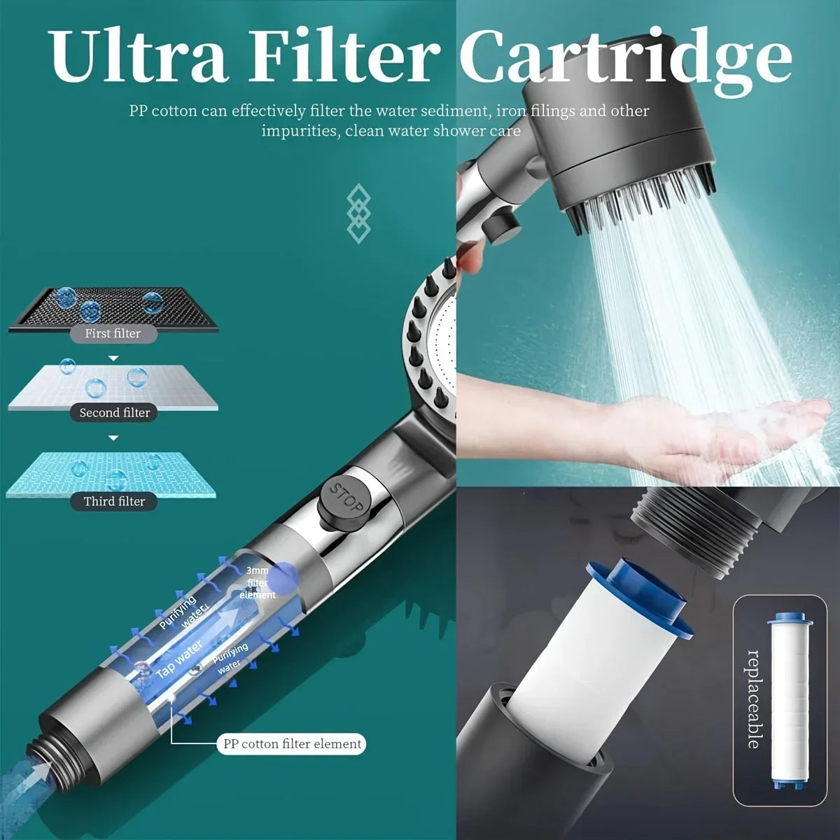 2026 new ion drop shower head with handheld filter shower, turbocharger with multiple spray modes, built-in filter on/off switch