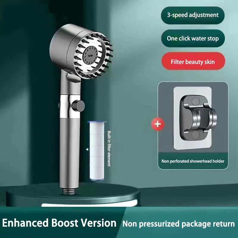 High Pressurized Filter Shower Head 3-mode Adjustable Spray with Massage Brush Rain Shower Set Changeable Filter Element