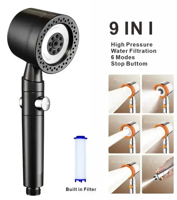 New 5 Mode Pressurized Shower Head With Filter Stop Button Water Saving Spray Nozzles Big Boost Showerhead Bathroom Accessories