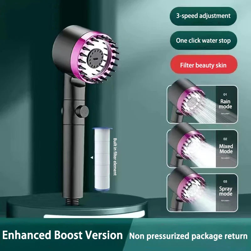 High Pressurized Filter Shower Head 3-mode Adjustable Spray with Massage Brush Rain Shower Set Changeable Filter Element