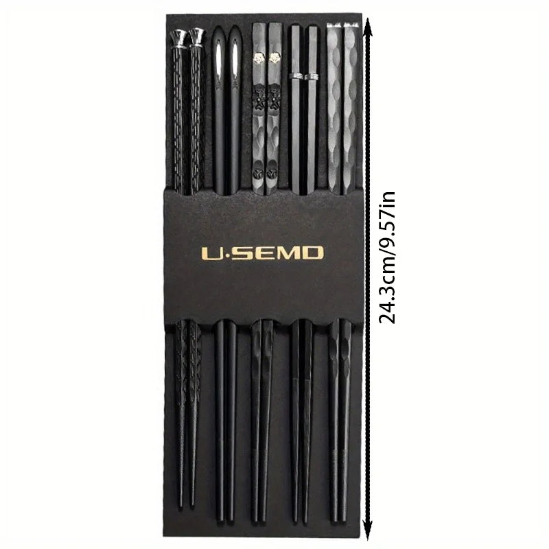 Home Kitchen Black Alloy Chopsticks 5-Piece Reusable Dining Tableware Set
