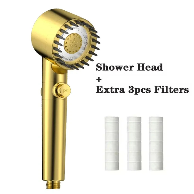 Massage Spa Pressurized Shower Head 3 Modes High Pressure Filter Rainfall Shower One-Key Stop Spray Nozzle Bathroom Accessories