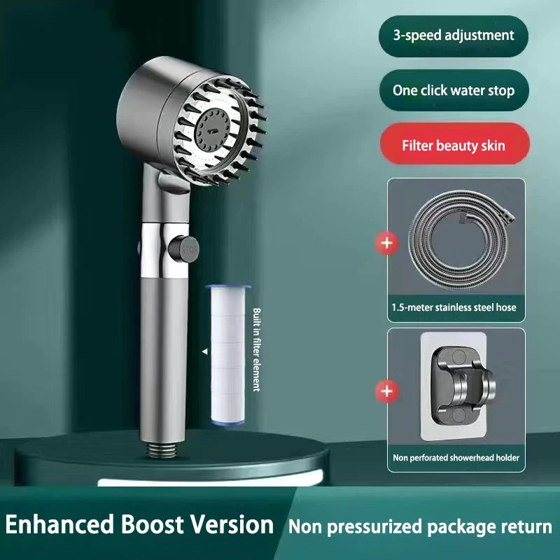 High Pressurized Filter Shower Head 3-mode Adjustable Spray with Massage Brush Rain Shower Set Changeable Filter Element