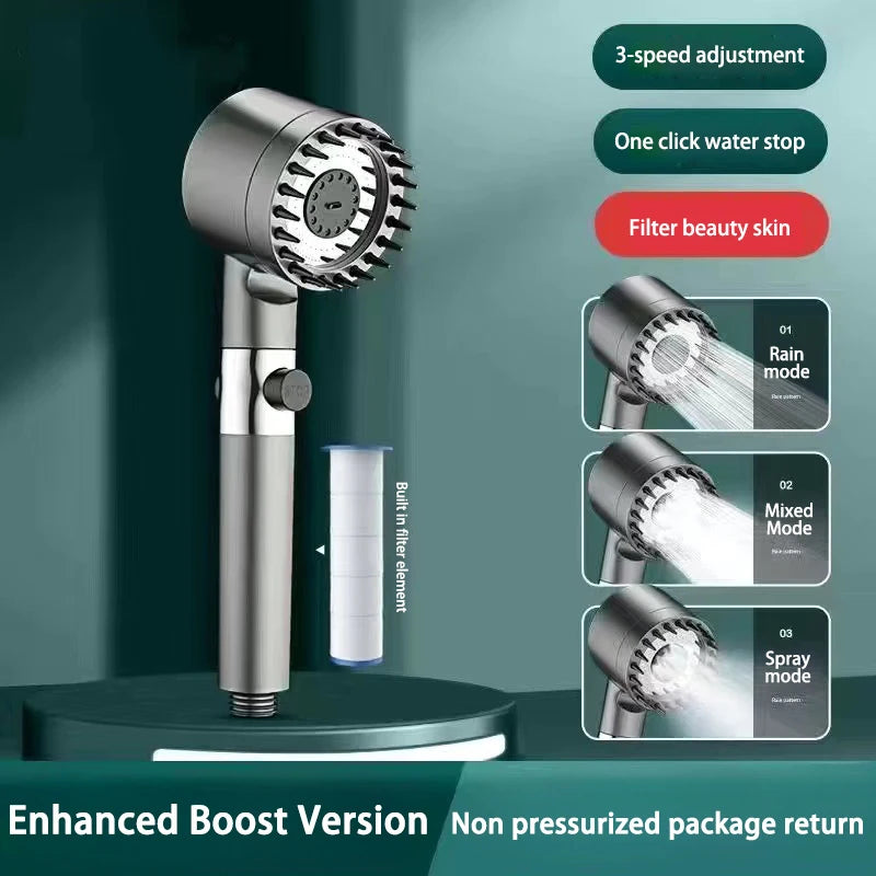 High Pressurized Filter Shower Head 3-mode Adjustable Spray with Massage Brush Rain Shower Set Changeable Filter Element