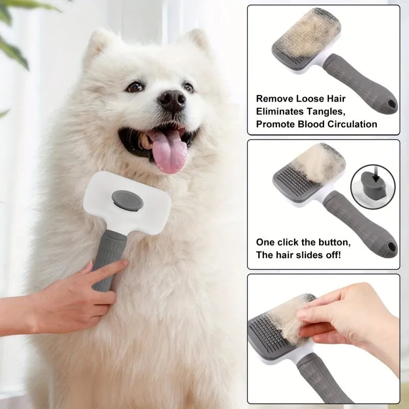 Ergonomic Handle Self Cleaning Pet Brush Round Tip Needles Massage for Dogs Cats 20cm