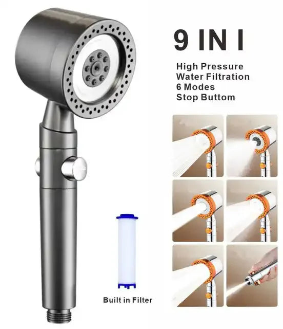 New 5 Mode Pressurized Shower Head With Filter Stop Button Water Saving Spray Nozzles Big Boost Showerhead Bathroom Accessories