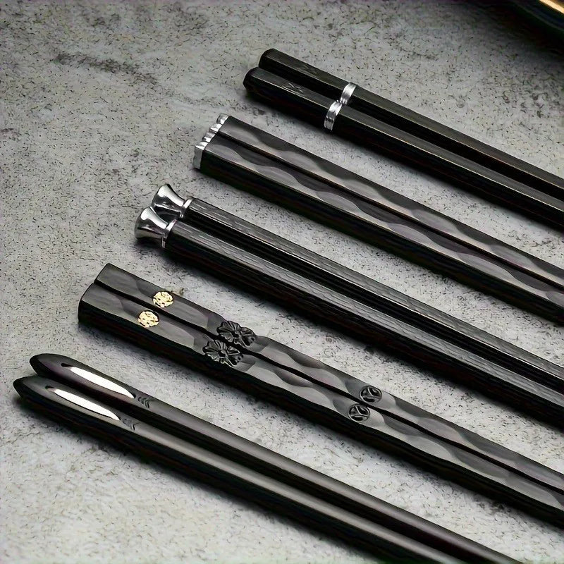 Home Kitchen Black Alloy Chopsticks 5-Piece Reusable Dining Tableware Set